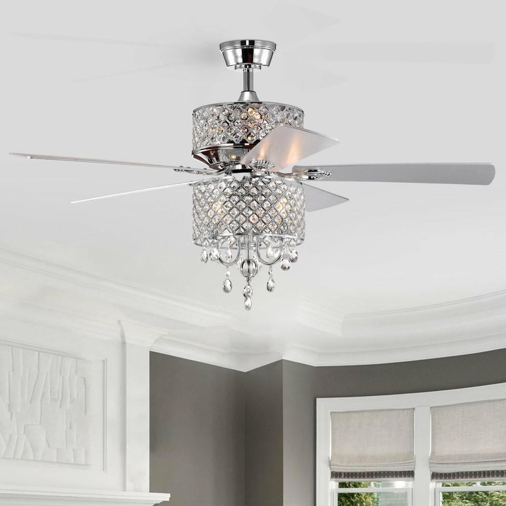 Ceiling Fans |  52, Indoor Chrome Reversible Ceiling Fan With Crystal Lattice Light Kit