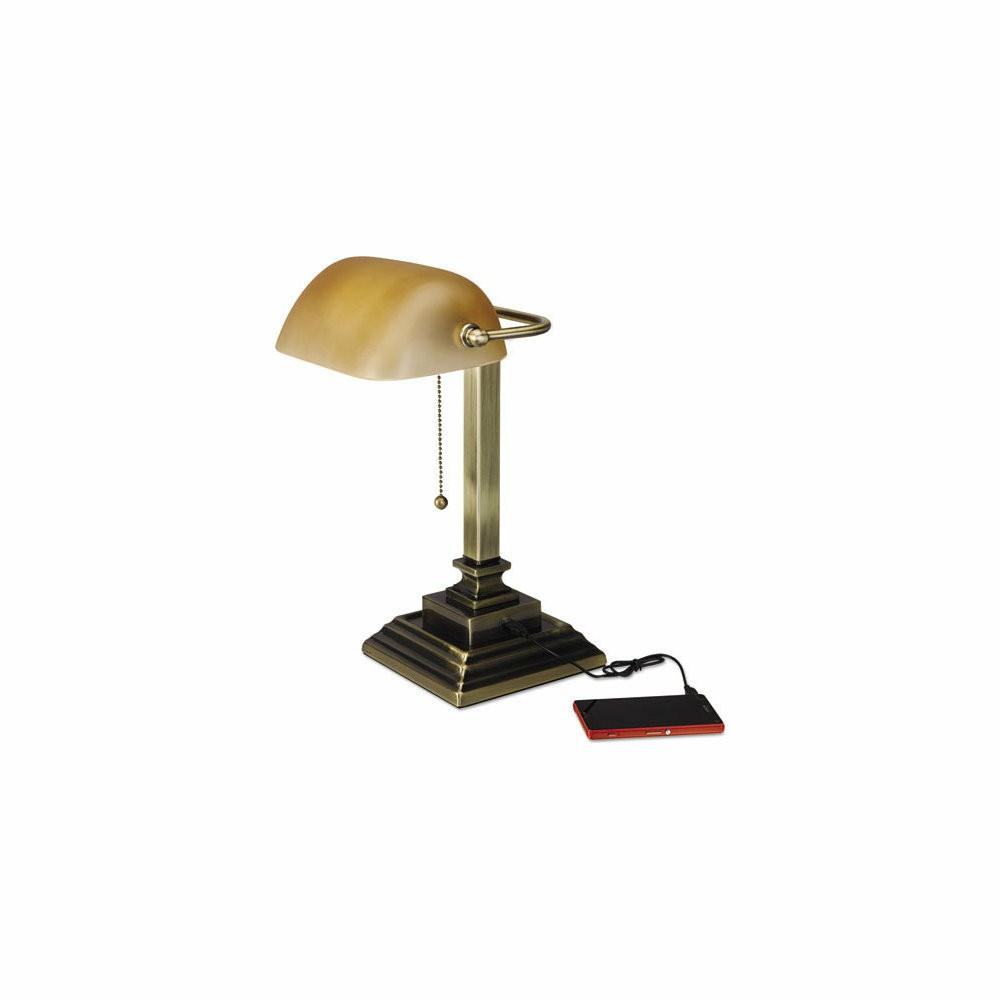 Desk Lamps |  Traditional Banker’s Lamp With Usb, 16″, Amber Glass Shade/Antique Brass Base