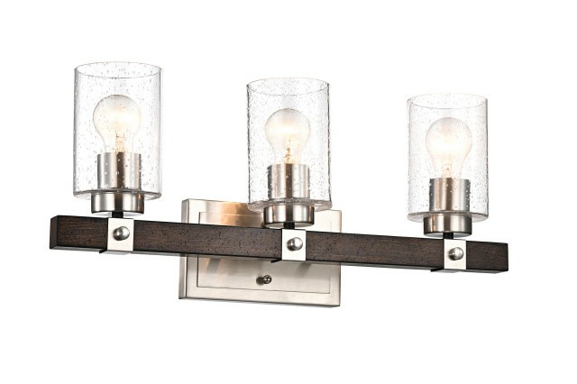 Flush-Mount Lights |  3-Light Brushed Nickel And Wood Vanity With Seedy Glass Sconces Farmhouse