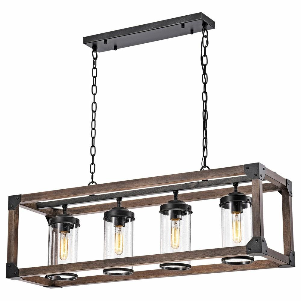 Flush-Mount Lights |  Hebe Antique Black Metal And Wood 4-Light Chandelier