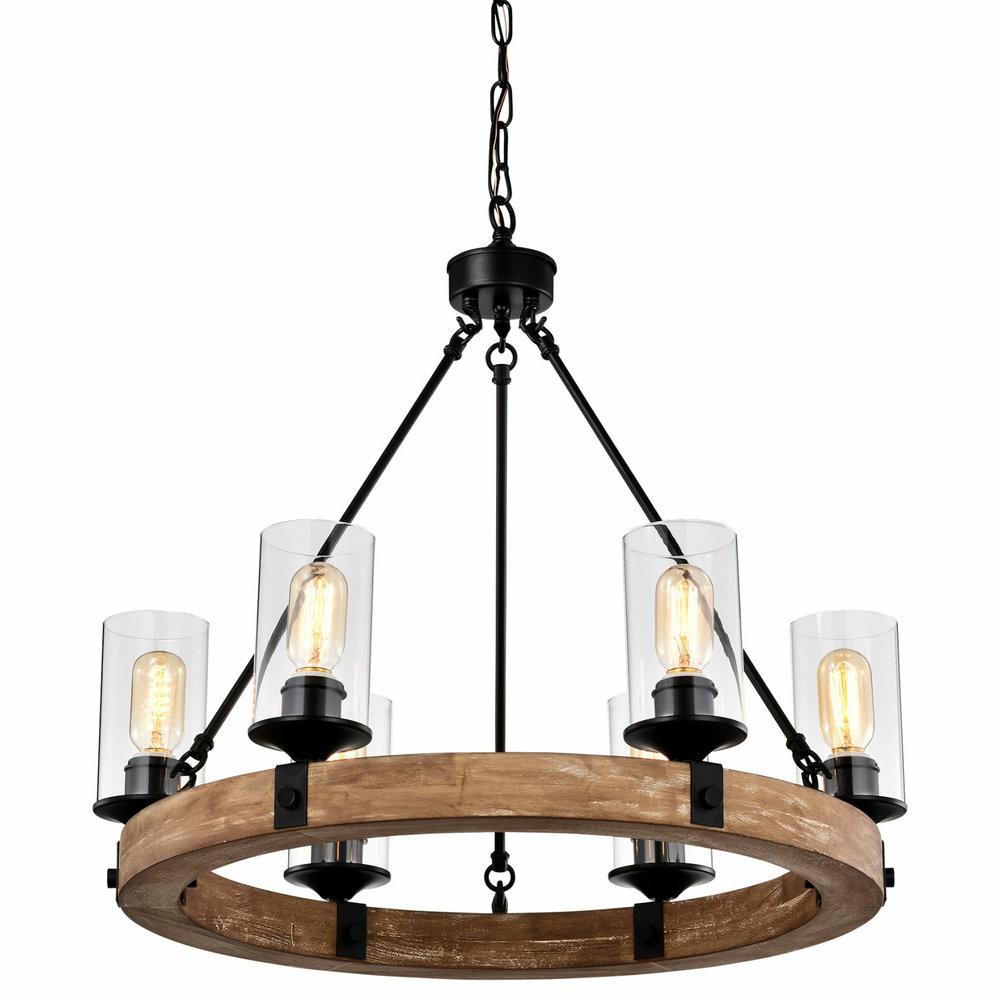 Bathroom Vanity Lights |  6 Light Matte Black And Vintage Wood Wheel Chandelier